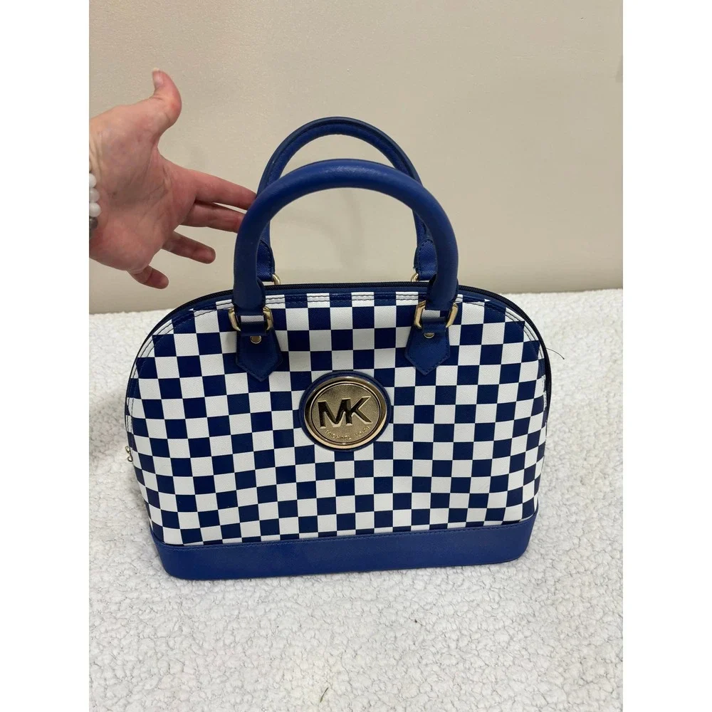 Michael Kors Womens Blue White Checkered Satchel Handbag Purse Vintage Casual